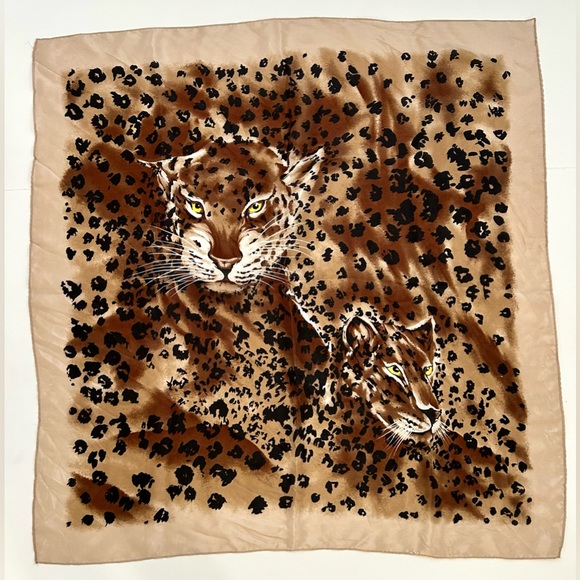 Leopard Cat Print Scarf Beige Brown 31”x31” - Picture 5 of 6